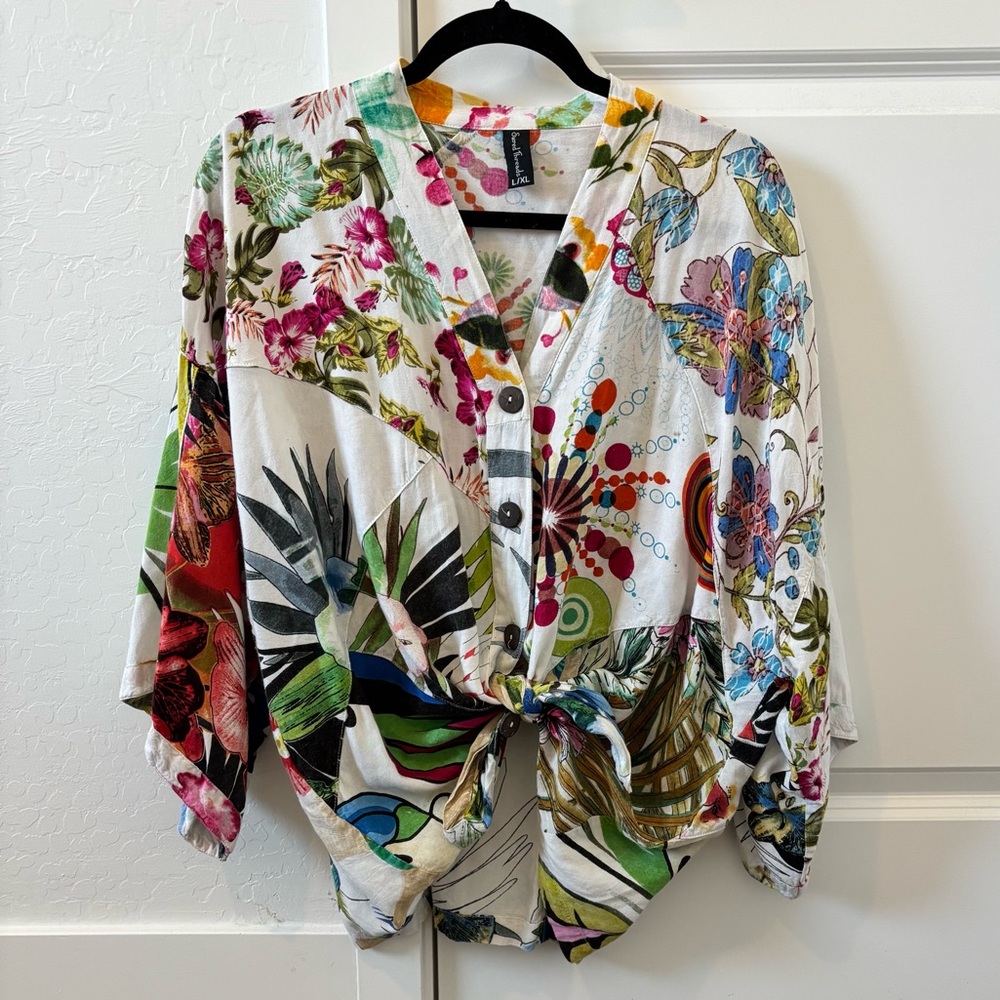 Sacred Threads Multi-Color Floral Tie-Front Blouse